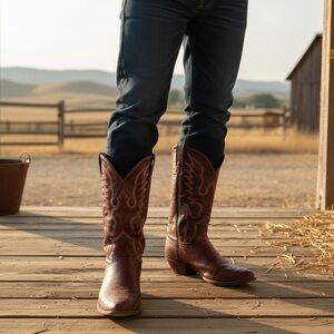 Vintage Tony Lama Mens Cowboy Boots Size 9 Brown Burgundy Ostrich Skin Leather